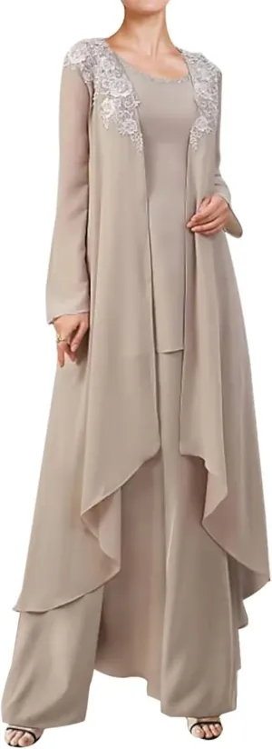 3 Pieces Mother of The Bride Dresses Pant Suits for Wedding Lace Chiffon Long Formal Gown Outfit Set with Jacket