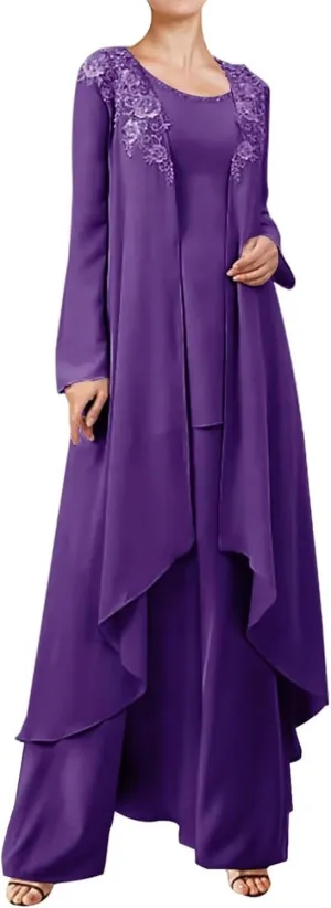 3 Pieces Mother of The Bride Dresses Pant Suits for Wedding Lace Chiffon Long Formal Gown Outfit Set with Jacket