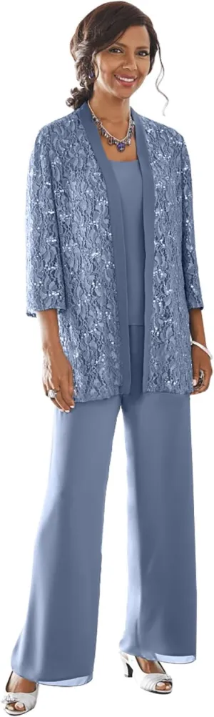 3 Pieces Mother of The Bride Pant Suits with Jacket Long Sleeve Lace Chiffon Pants Suits for Women Dressy