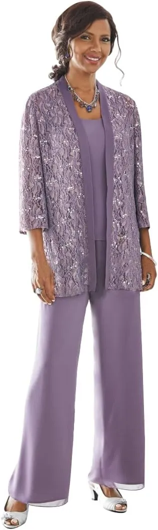 3 Pieces Mother of The Bride Pant Suits with Jacket Long Sleeve Lace Chiffon Pants Suits for Women Dressy