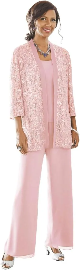 3 Pieces Mother of The Bride Pant Suits with Jacket Long Sleeve Lace Chiffon Pants Suits for Women Dressy