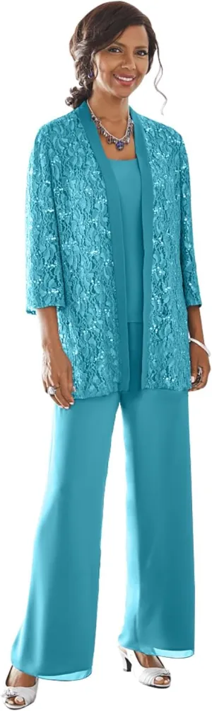 3 Pieces Mother of The Bride Pant Suits with Jacket Long Sleeve Lace Chiffon Pants Suits for Women Dressy