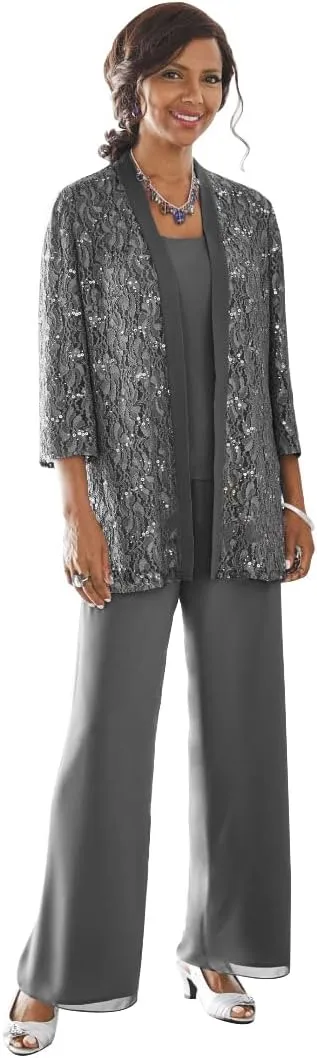 3 Pieces Mother of The Bride Pant Suits with Jacket Long Sleeve Lace Chiffon Pants Suits for Women Dressy