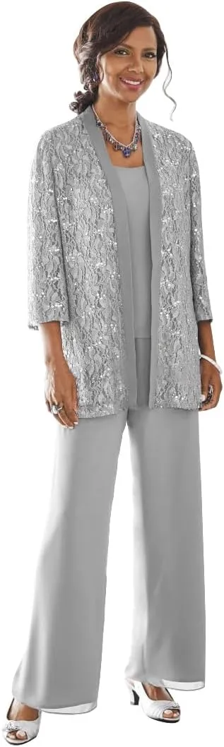 3 Pieces Mother of The Bride Pant Suits with Jacket Long Sleeve Lace Chiffon Pants Suits for Women Dressy