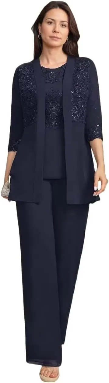 3 Pieces Mother of The Bride Pant Suits with Sequins Dressy Formal Outfit Wedding Guest Dresses