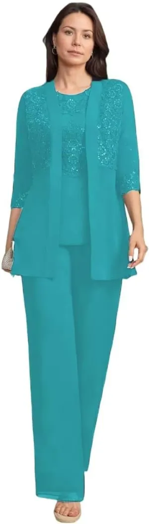 3 Pieces Mother of The Bride Pant Suits with Sequins Dressy Formal Outfit Wedding Guest Dresses