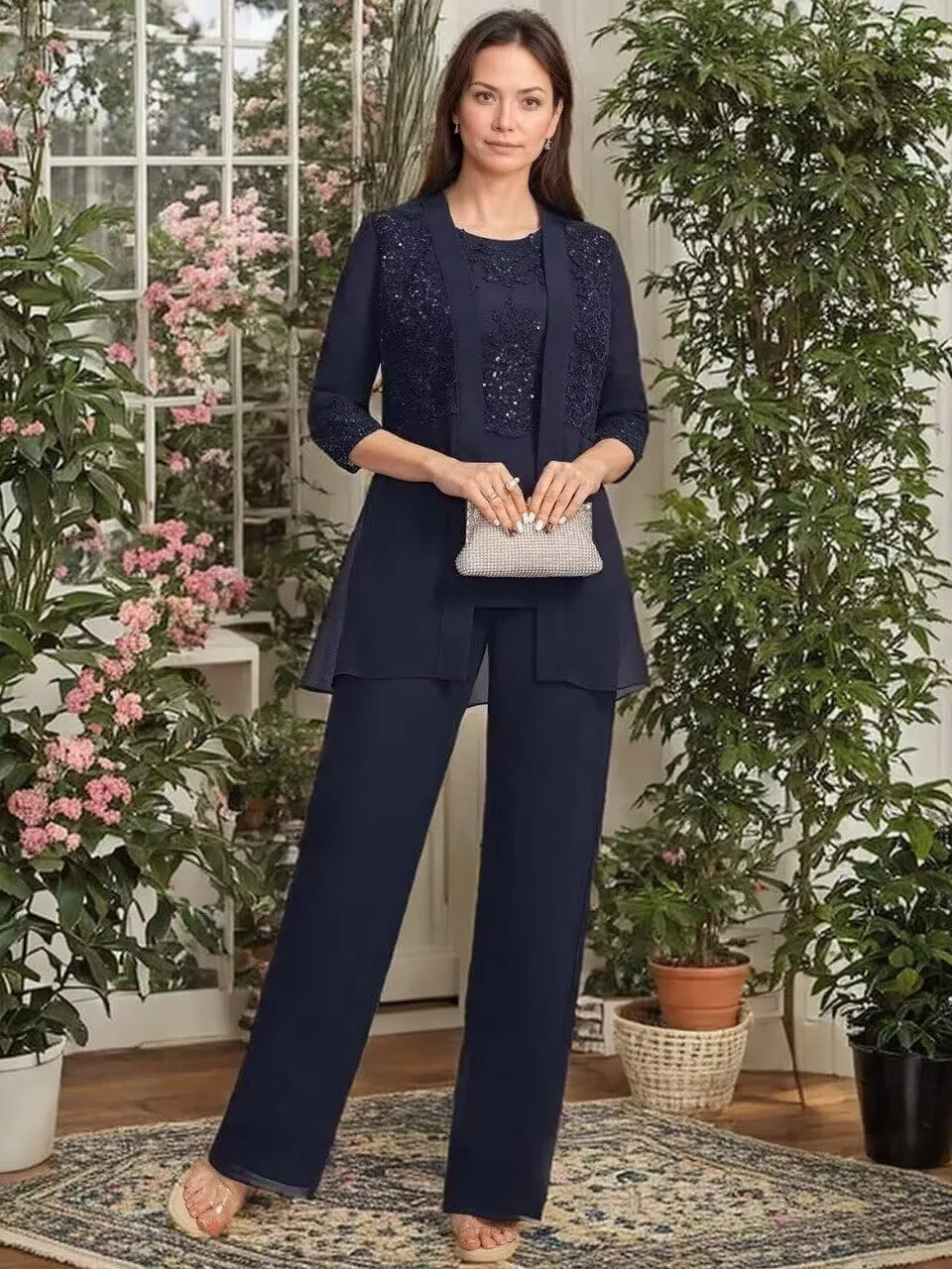 3 Pieces Mother of The Bride Pant Suits with Sequins Dressy Formal Outfit Wedding Guest Dresses