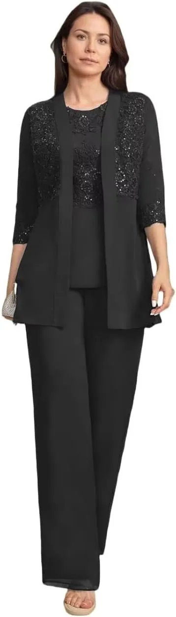 3 Pieces Mother of The Bride Pant Suits with Sequins Dressy Formal Outfit Wedding Guest Dresses