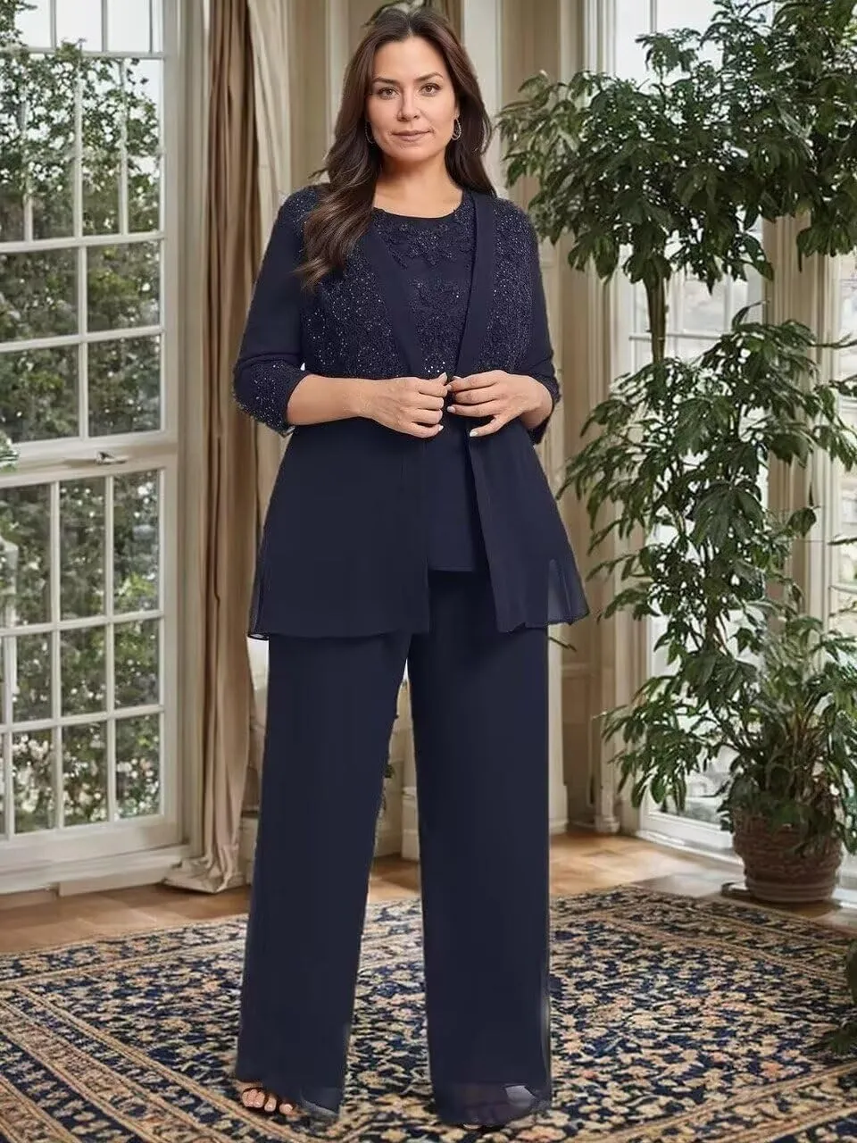 3 Pieces Mother of The Bride Pant Suits with Sequins Dressy Formal Outfit Wedding Guest Dresses