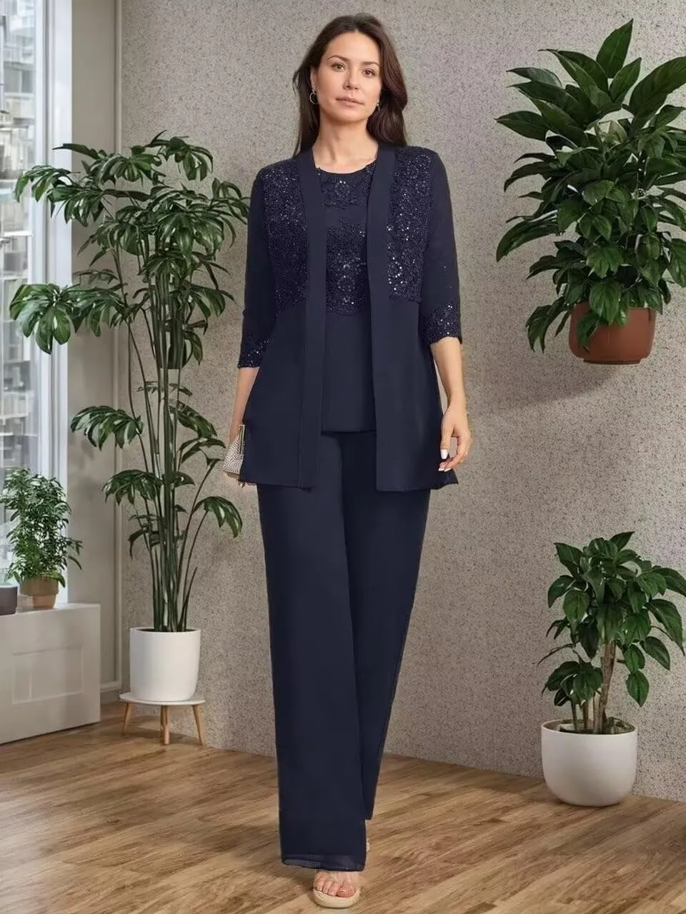 3 Pieces Mother of The Bride Pant Suits with Sequins Dressy Formal Outfit Wedding Guest Dresses