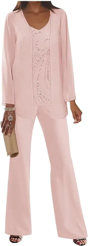 3Pcs Mother of The Bride Dress Pantsuit for Wedding Long Sleeve Lace Formal Outfit with Jacket
