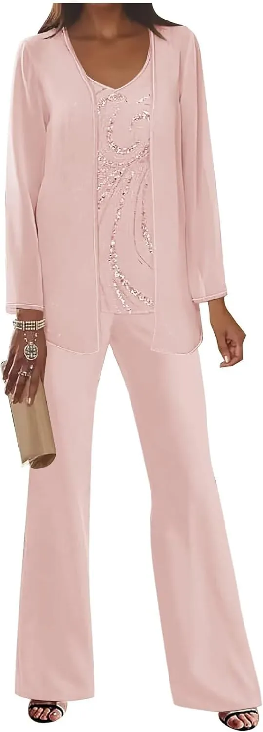 3Pcs Mother of The Bride Dress Pantsuit for Wedding Long Sleeve Lace Formal Outfit with Jacket