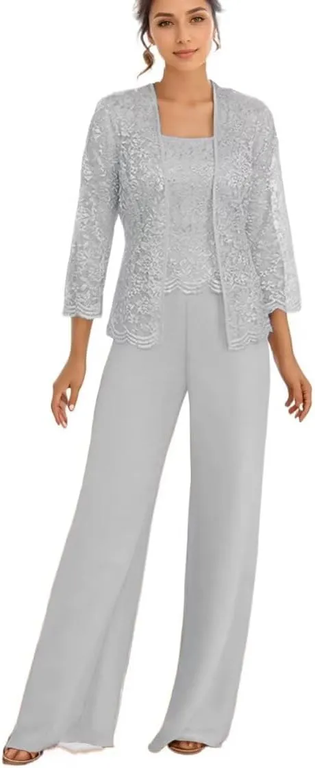 3Pcs Mother of The Bride Dress Pantsuit for Wedding Long Sleeve Lace Pant Suit with Jacket