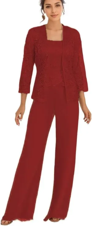 3Pcs Mother of The Bride Dress Pantsuit for Wedding Long Sleeve Lace Pant Suit with Jacket
