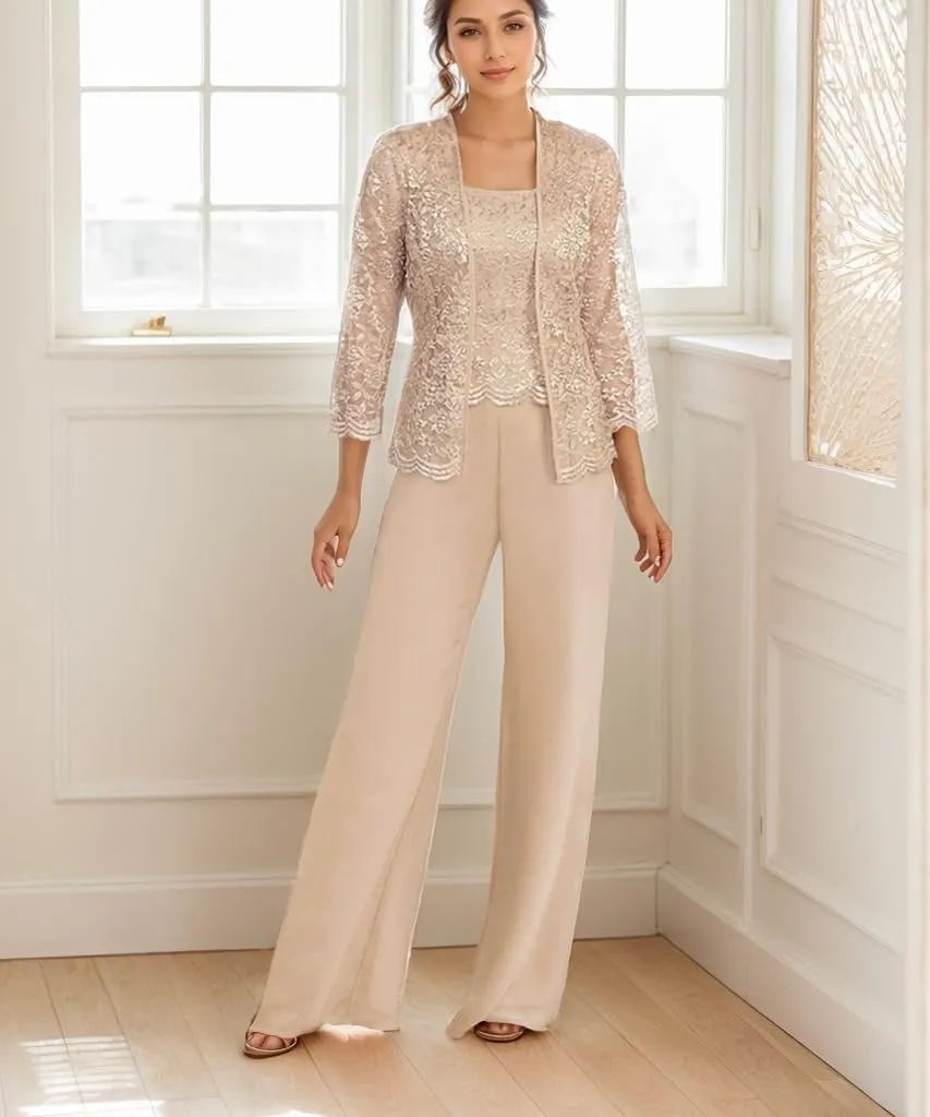 3Pcs Mother of The Bride Dress Pantsuit for Wedding Long Sleeve Lace Pant Suit with Jacket