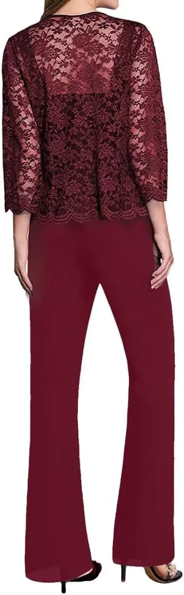 3Pcs Mother of The Bride Dress Pantsuit for Wedding Long Sleeve Lace Pant Suit with Jacket