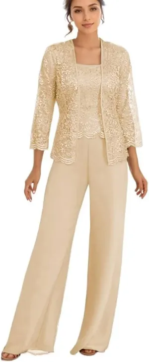 3Pcs Mother of The Bride Dress Pantsuit for Wedding Long Sleeve Lace Pant Suit with Jacket