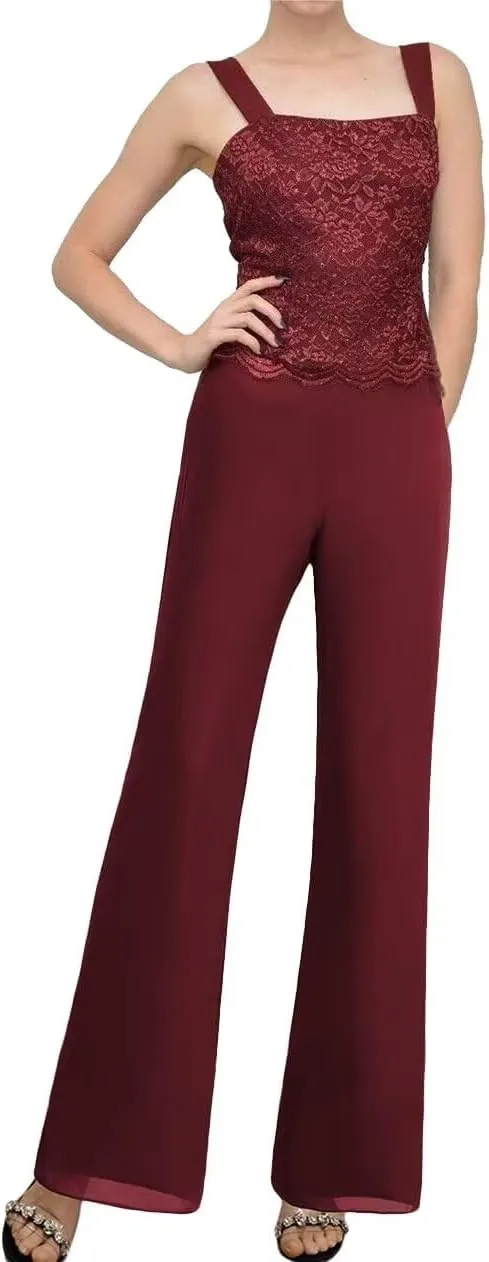 3Pcs Mother of The Bride Dress Pantsuit for Wedding Long Sleeve Lace Pant Suit with Jacket