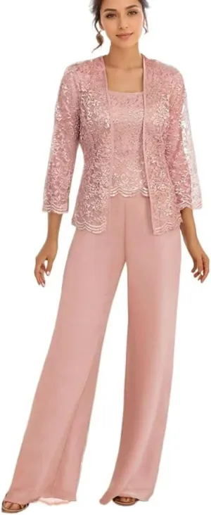 3Pcs Mother of The Bride Dress Pantsuit for Wedding Long Sleeve Lace Pant Suit with Jacket
