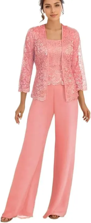 3Pcs Mother of The Bride Dress Pantsuit for Wedding Long Sleeve Lace Pant Suit with Jacket