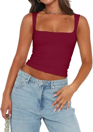 Abardsion Womens Sexy Crop Top Summer 2024 Square Neck Sleeveless Double Layer Going Out Tank Tops