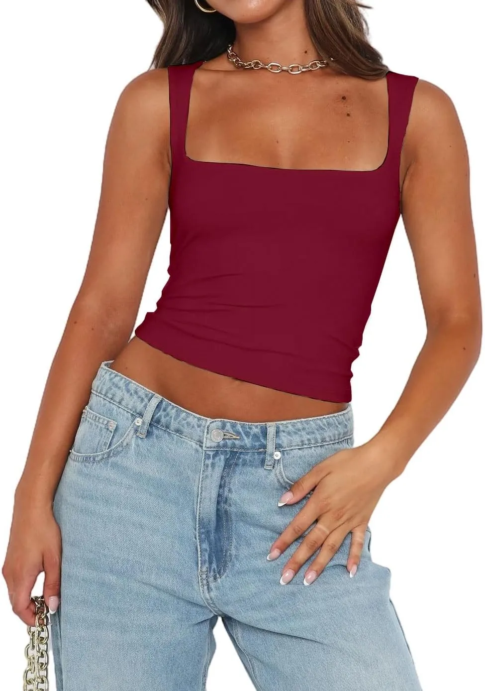 Abardsion Womens Sexy Crop Top Summer 2024 Square Neck Sleeveless Double Layer Going Out Tank Tops