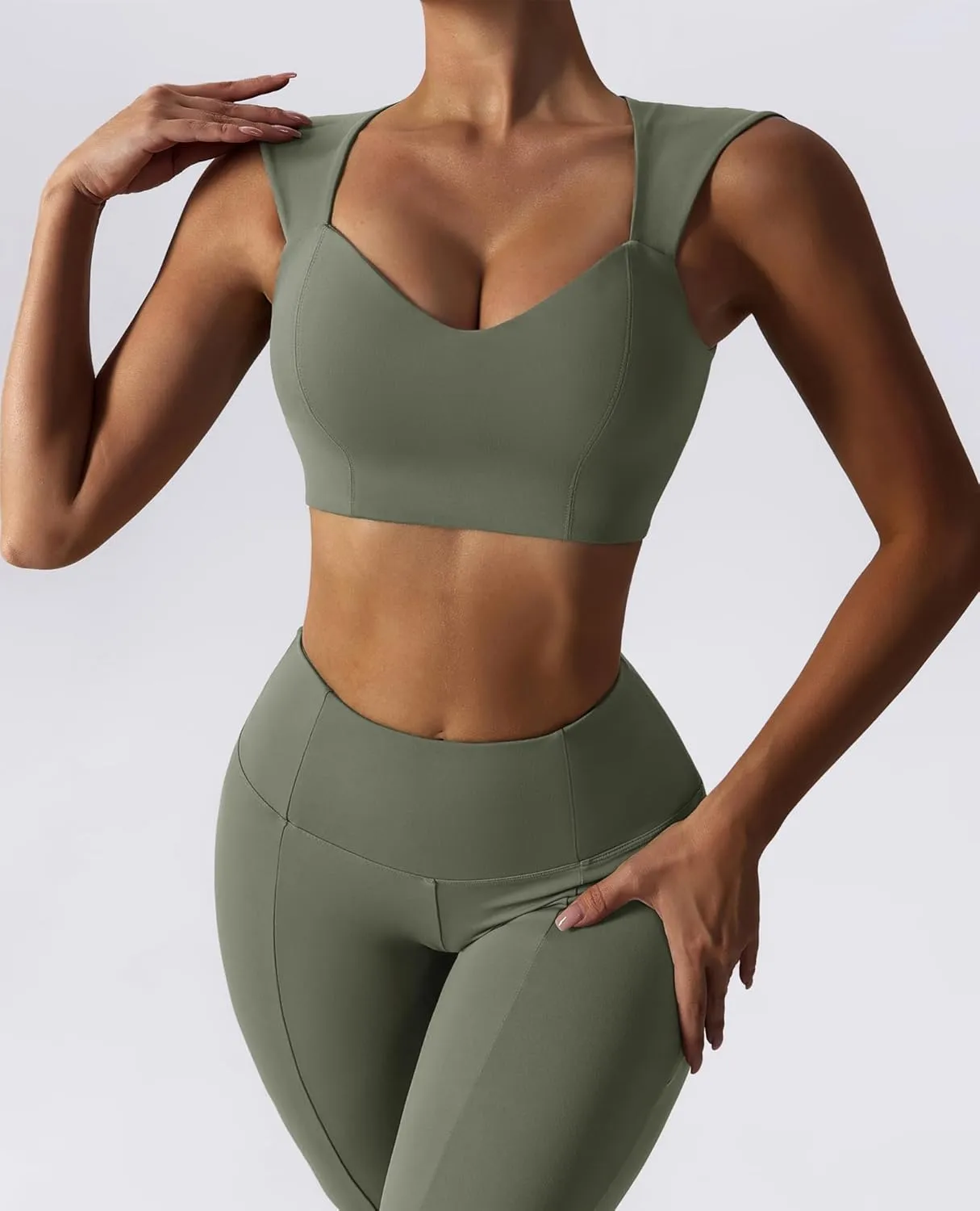 ABOCIW Workout Sets for Women 2 Piece High Waist Flared Leggings Slit Hem V Neck Sports Bra Gym Yoga Outfits