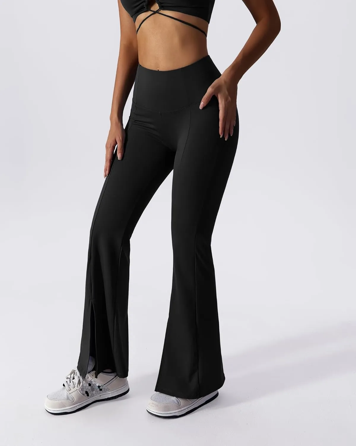 ABOCIW Workout Sets for Women 2 Piece High Waist Flared Leggings Slit Hem V Neck Sports Bra Gym Yoga Outfits