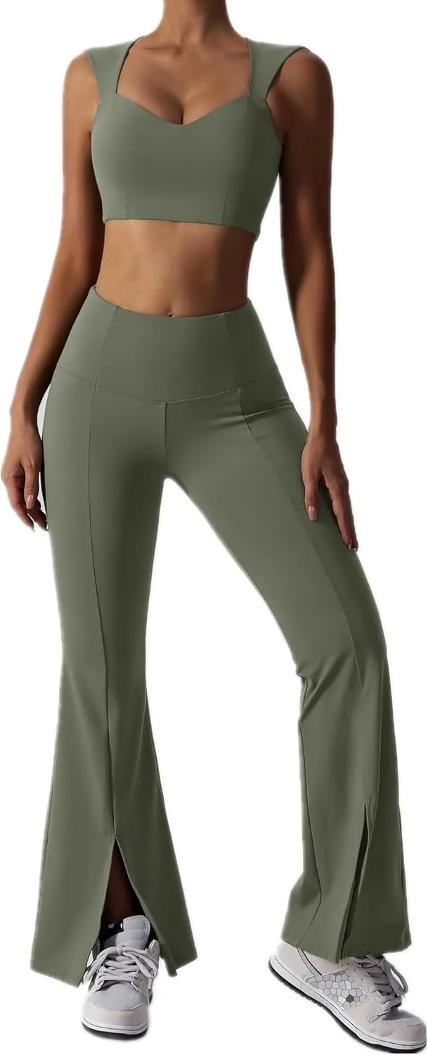 ABOCIW Workout Sets for Women 2 Piece High Waist Flared Leggings Slit Hem V Neck Sports Bra Gym Yoga Outfits