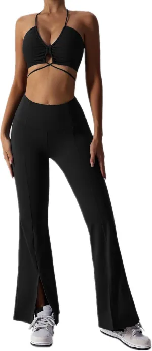 ABOCIW Workout Sets for Women 2 Piece High Waist Flared Leggings Slit Hem V Neck Sports Bra Gym Yoga Outfits
