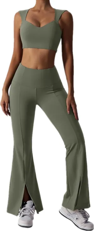 ABOCIW Workout Sets for Women 2 Piece High Waist Flared Leggings Slit Hem V Neck Sports Bra Gym Yoga Outfits