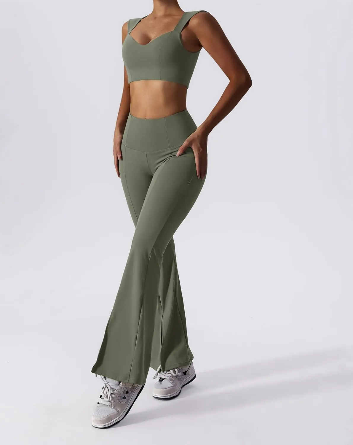 ABOCIW Workout Sets for Women 2 Piece High Waist Flared Leggings Slit Hem V Neck Sports Bra Gym Yoga Outfits