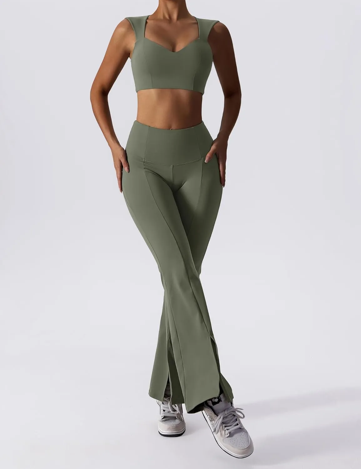 ABOCIW Workout Sets for Women 2 Piece High Waist Flared Leggings Slit Hem V Neck Sports Bra Gym Yoga Outfits