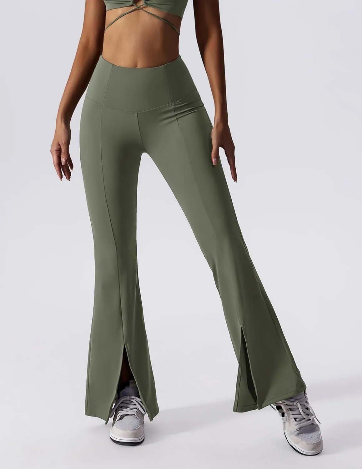 ABOCIW Workout Sets for Women 2 Piece High Waist Flared Leggings Slit Hem V Neck Sports Bra Gym Yoga Outfits