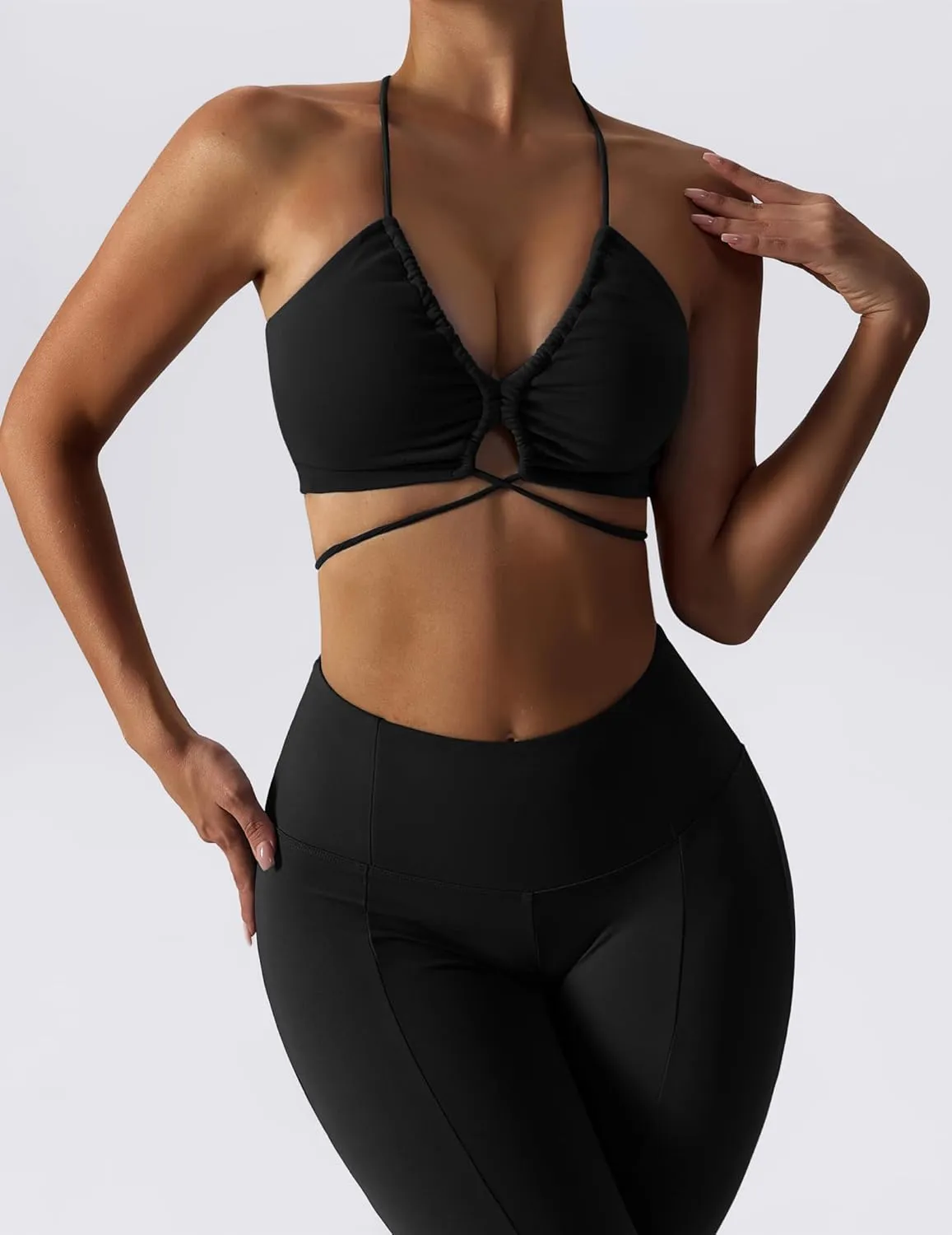 ABOCIW Workout Sets for Women 2 Piece High Waist Flared Leggings Slit Hem V Neck Sports Bra Gym Yoga Outfits