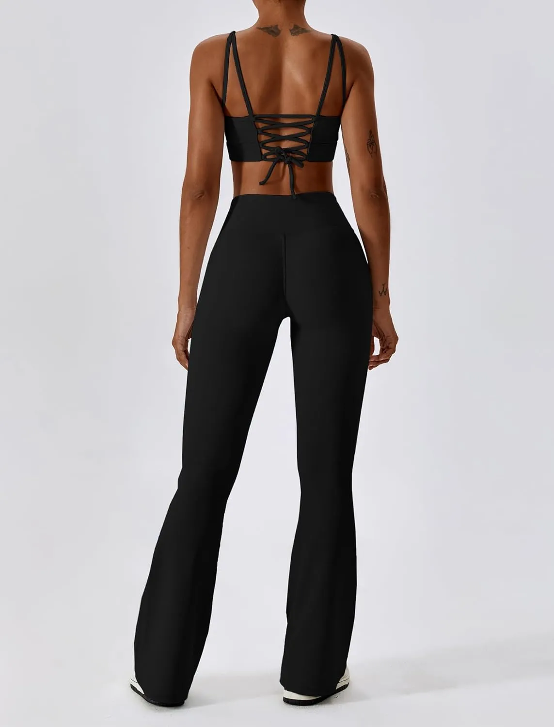 ABOCIW Workout Sets for Women 2 Piece Ribbed Lace Up Back Sports Bra Crossover High Waist Flare Leggings Gym Sets