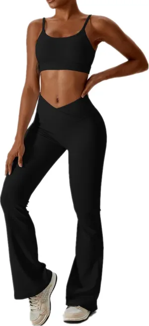 ABOCIW Workout Sets for Women 2 Piece Ribbed Lace Up Back Sports Bra Crossover High Waist Flare Leggings Gym Sets