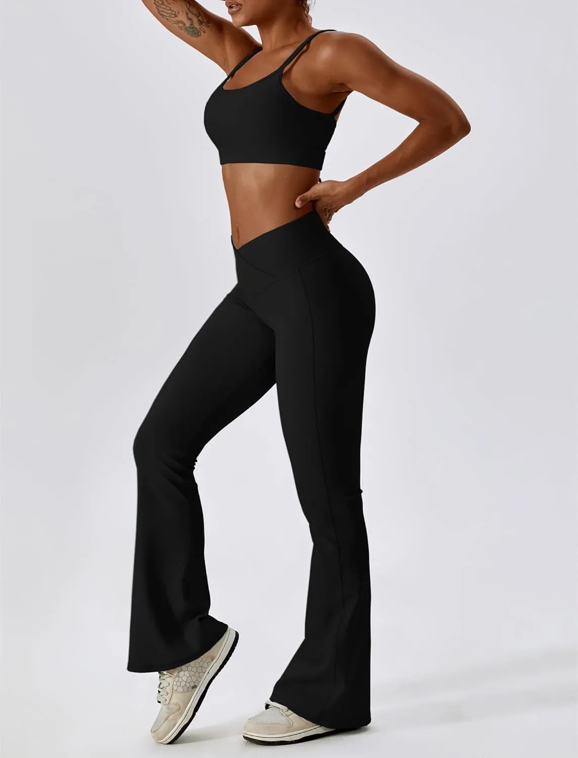 ABOCIW Workout Sets for Women 2 Piece Ribbed Lace Up Back Sports Bra Crossover High Waist Flare Leggings Gym Sets