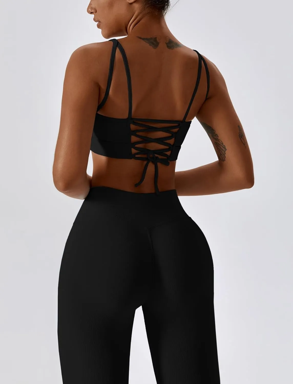 ABOCIW Workout Sets for Women 2 Piece Ribbed Lace Up Back Sports Bra Crossover High Waist Flare Leggings Gym Sets