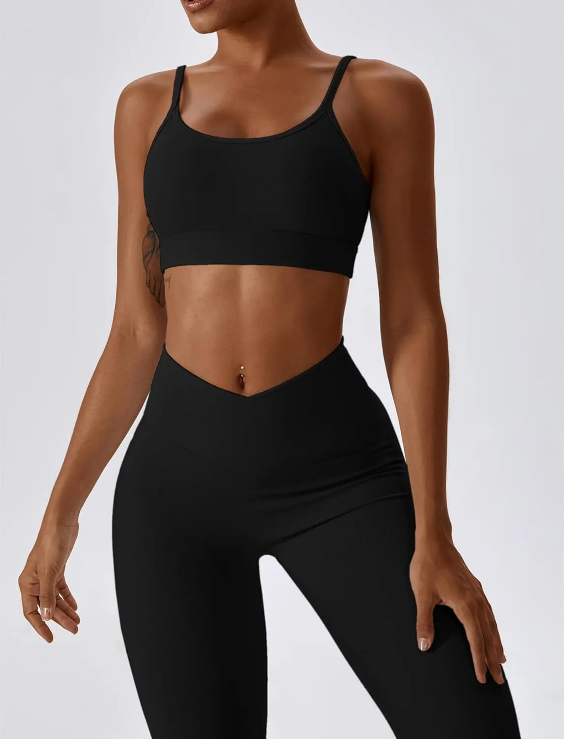 ABOCIW Workout Sets for Women 2 Piece Ribbed Lace Up Back Sports Bra Crossover High Waist Flare Leggings Gym Sets