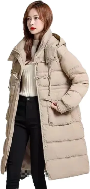 Adhdyuud Hooded Warm Cotton-Padded Coat Womens With Pocket Loose Vintage Business Overcoat
