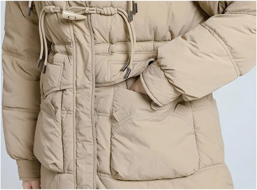 Adhdyuud Hooded Warm Cotton-Padded Coat Womens With Pocket Loose Vintage Business Overcoat