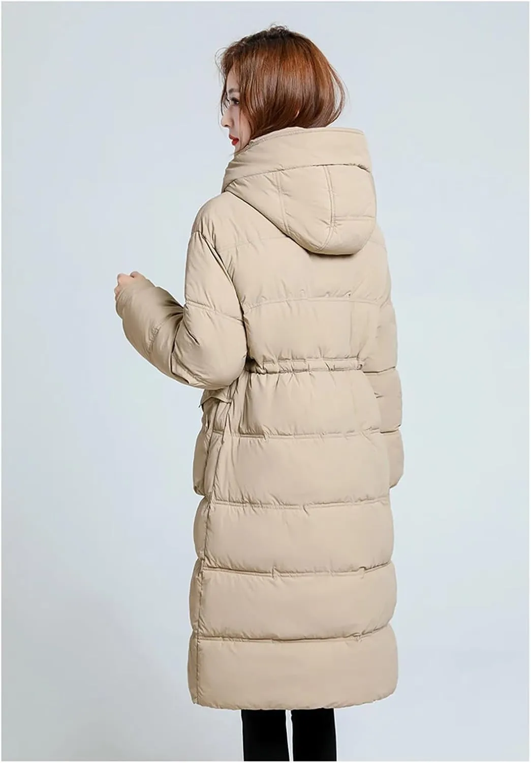 Adhdyuud Hooded Warm Cotton-Padded Coat Womens With Pocket Loose Vintage Business Overcoat