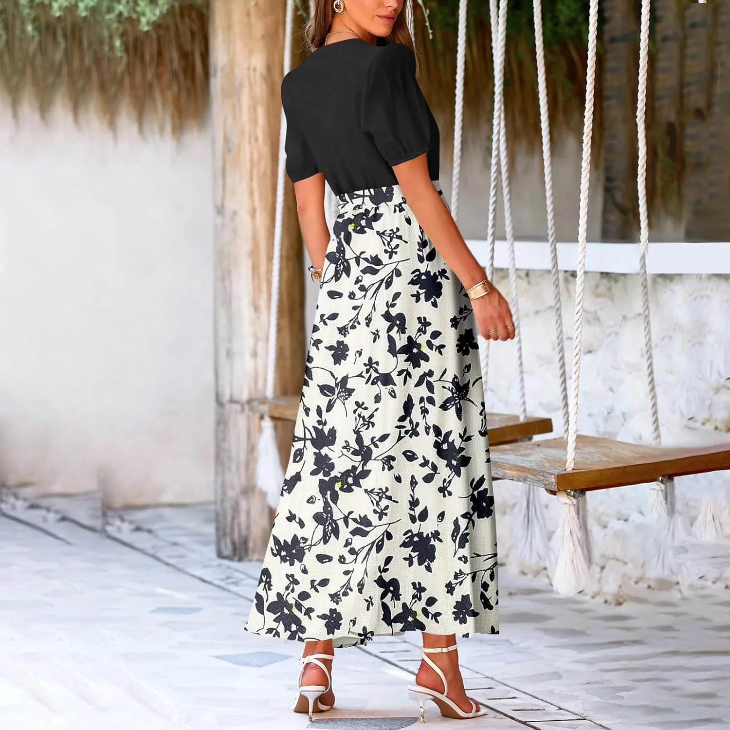 ADHOWBEW Women Dresses 2025 Vacation Boho Short Sleeve Split A Line Flowy Beach Sexy Plus Size V Neck Wrap Maxi Dress