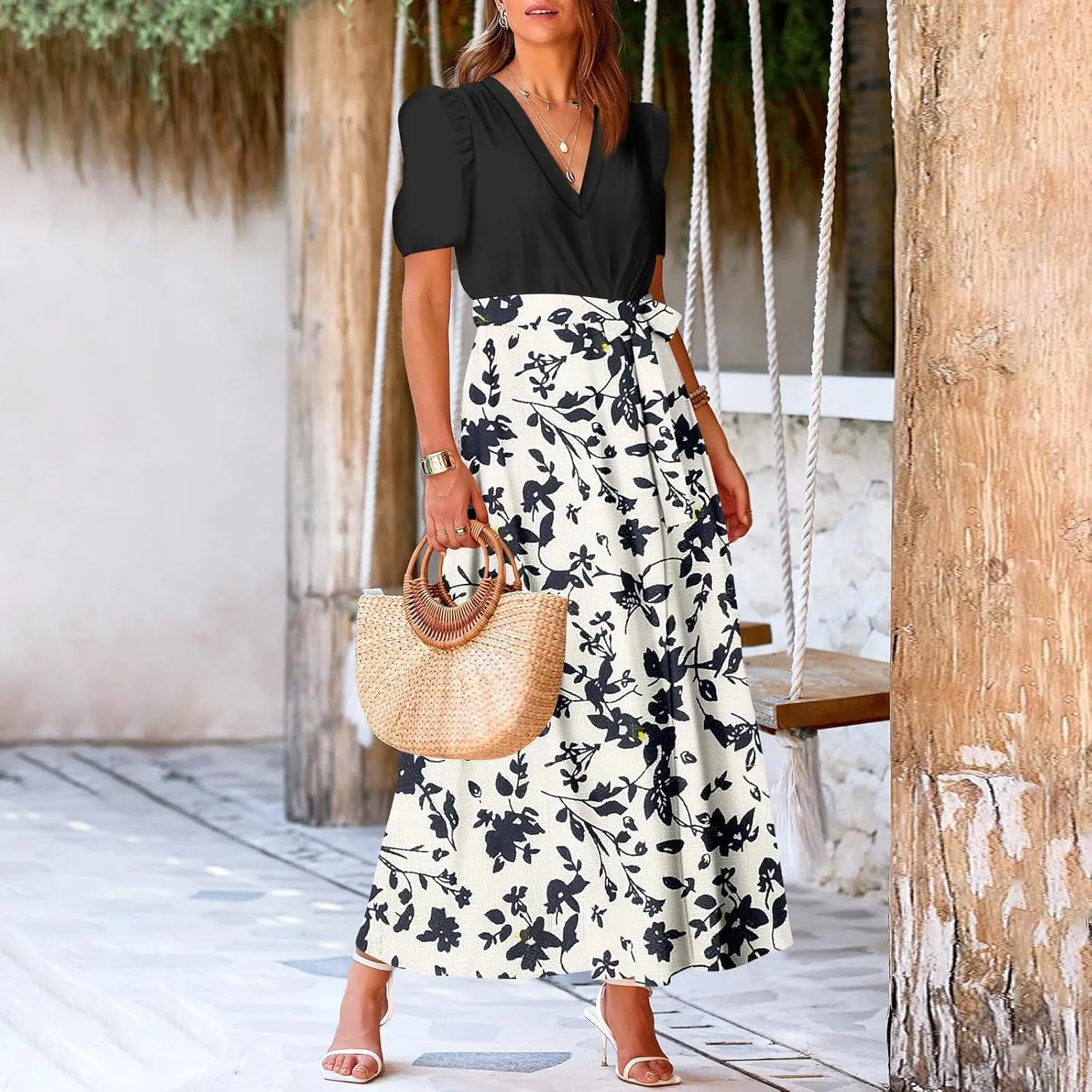 ADHOWBEW Women Dresses 2025 Vacation Boho Short Sleeve Split A Line Flowy Beach Sexy Plus Size V Neck Wrap Maxi Dress