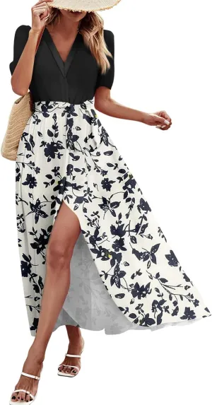 ADHOWBEW Women Dresses 2025 Vacation Boho Short Sleeve Split A Line Flowy Beach Sexy Plus Size V Neck Wrap Maxi Dress