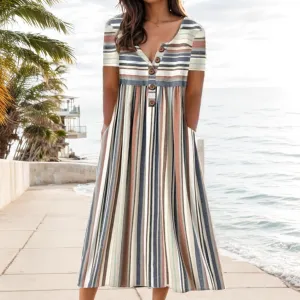 Akivide Women Casual Boho Short Sleeve Maxi Dress with Pocket Summer Loose Button Up Flowy Beach Long Tshirt Dress