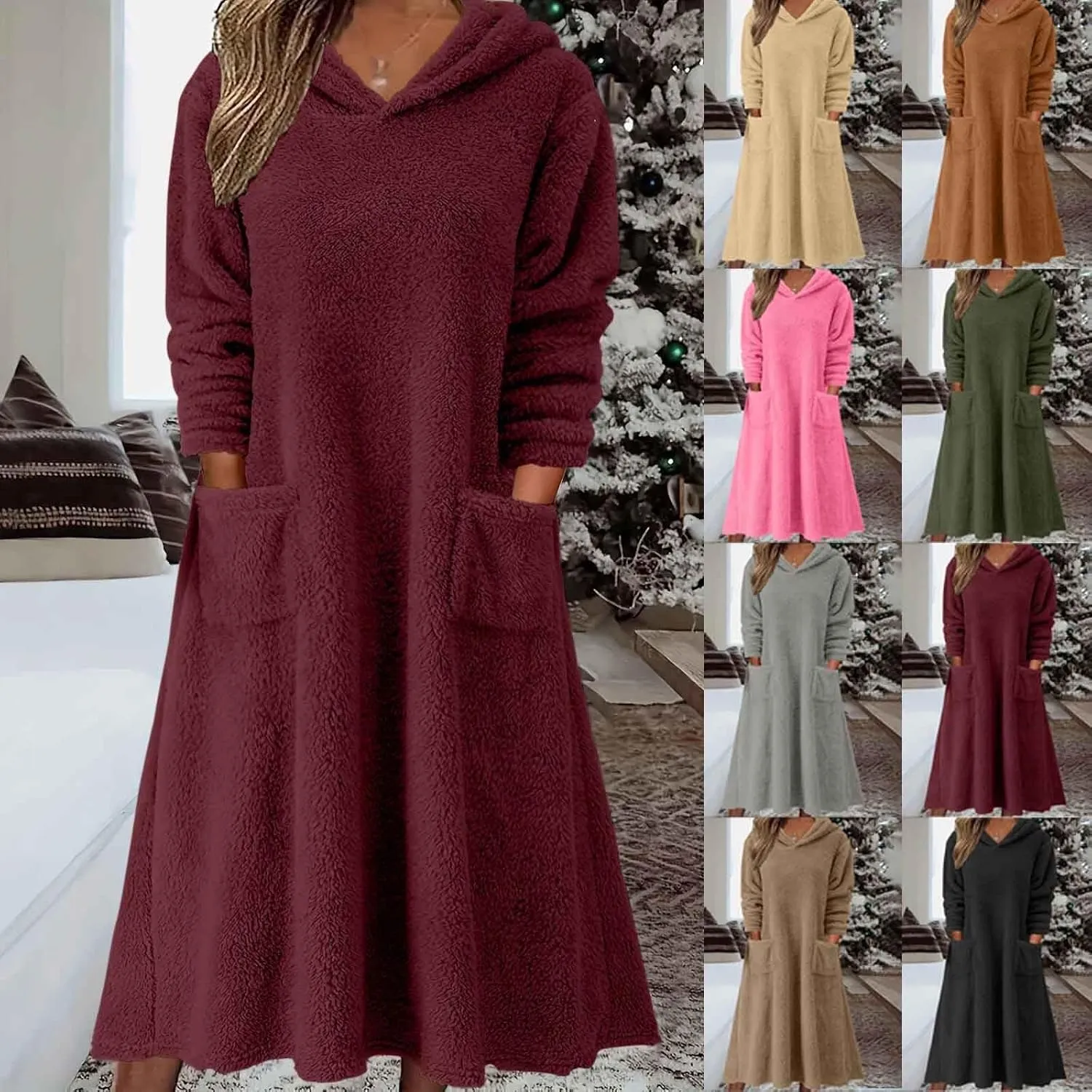 Akivide Womens Oversized Winter Warm Fuzzy Sherpa Hoodie Dress Fleece Maxi Dress Nightgowns with Pockets