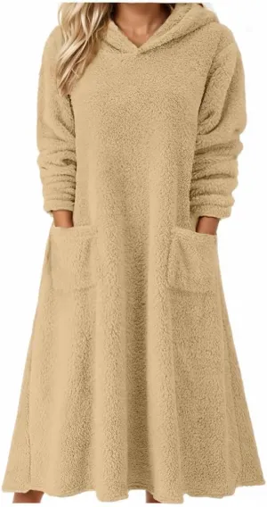 Akivide Womens Oversized Winter Warm Fuzzy Sherpa Hoodie Dress Fleece Maxi Dress Nightgowns with Pockets
