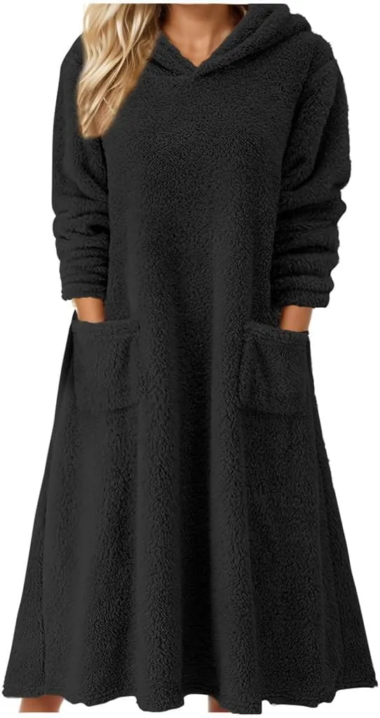 Akivide Womens Oversized Winter Warm Fuzzy Sherpa Hoodie Dress Fleece Maxi Dress Nightgowns with Pockets